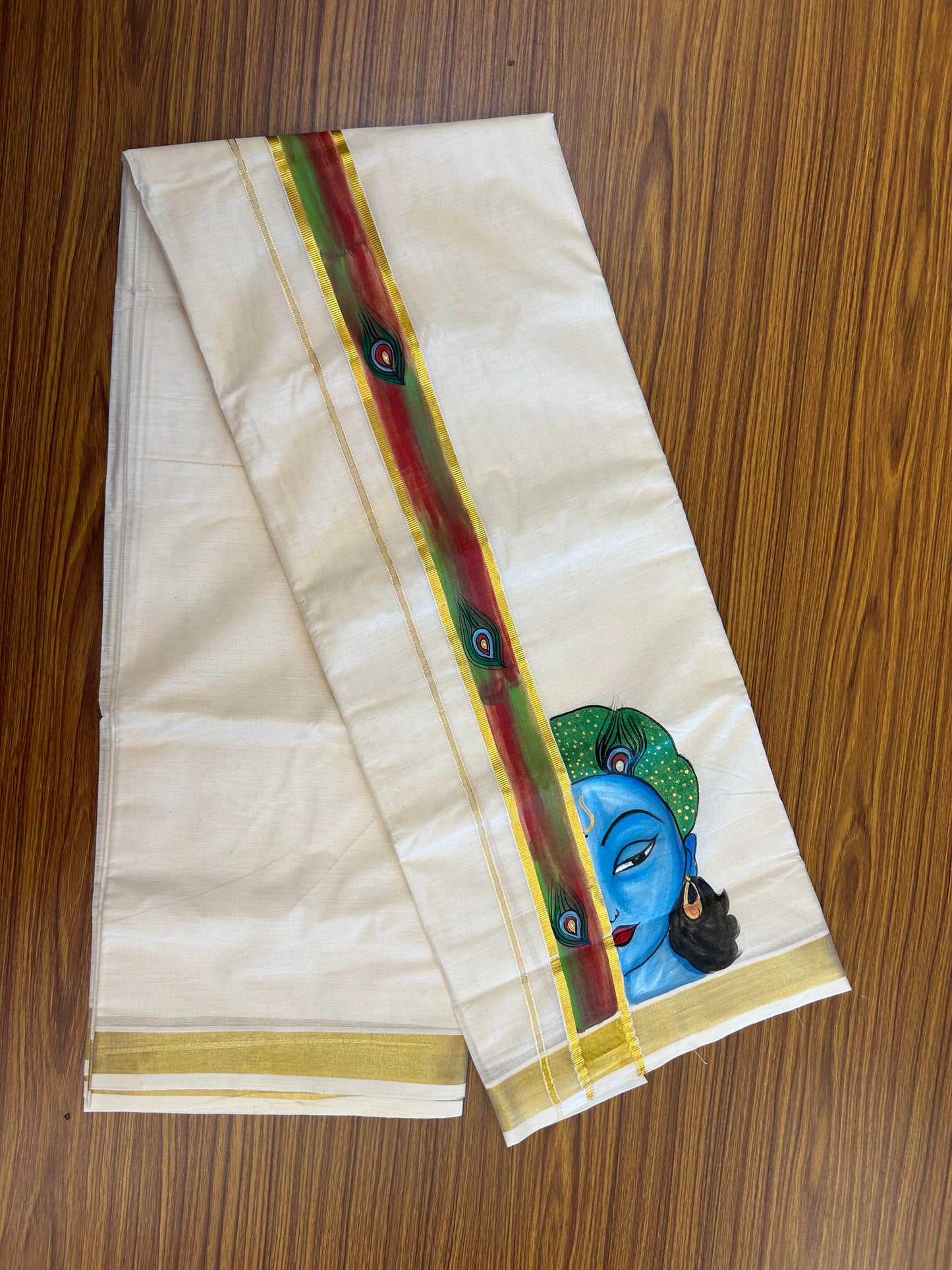 20% Discount! KaithariKada Balaramapuram 100% Cotton off white Double - (Unbleached) Mundu/Dhoti (80s) - 1.75 Inch Gold Kasavu Hand Painted Red Green Peacock Feather & Krishna - 40 KK5363 VIN