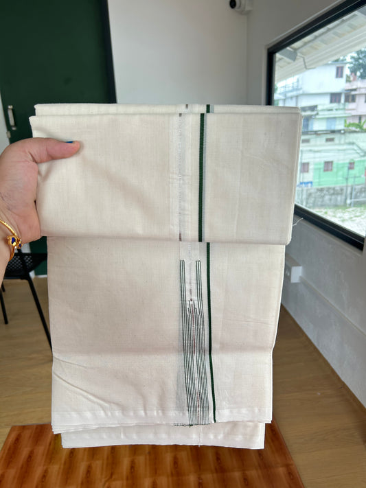 20% Discount! KaithariKada Balaramapuram 100% Cotton Double Off white Mundu/Dhoti- 100x100 - 0.75 inch Puliyilakkara Silver Kasav & Green Striped Chutty Kara - 4 mtr (8.5 muzham) - 3 KK5381 ASH