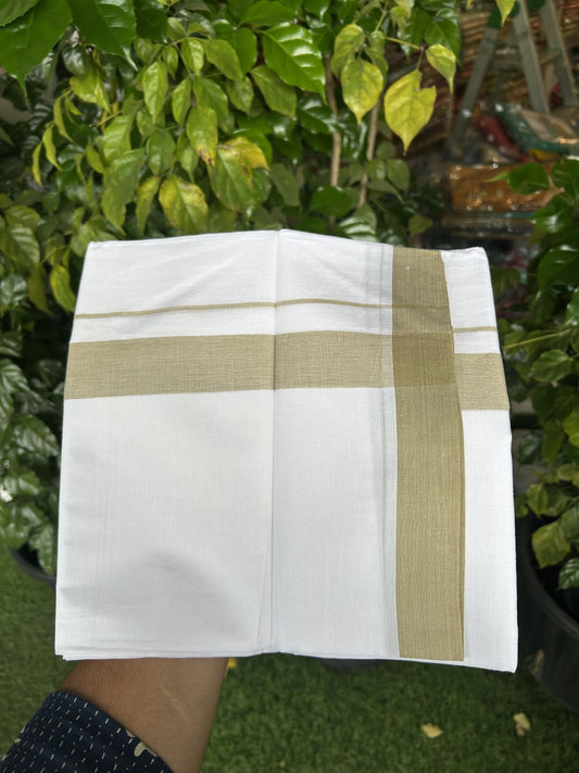 20% Discount! KaithariKada Balaramapuram 100% Cotton Double Pure white Mundu/Dhoti - 100X80 - 1.5 inch Light Olive shaded kara - 4 mtr ( 8.5 muzham) - 47 KK5341 VIN