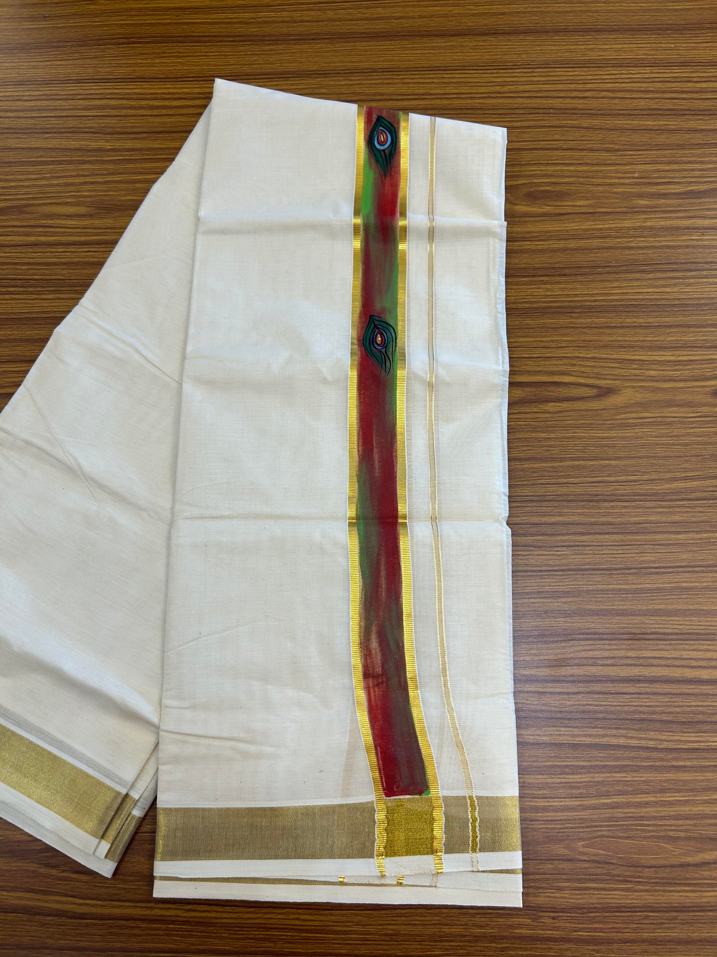 20% Discount! KaithariKada Balaramapuram 100% Cotton off white Double - (Unbleached) Mundu/Dhoti (80s) - 1.75 Inch Gold Kasavu Hand Painted Red Green Peacock Feather & Krishna - 40 KK5363 VIN