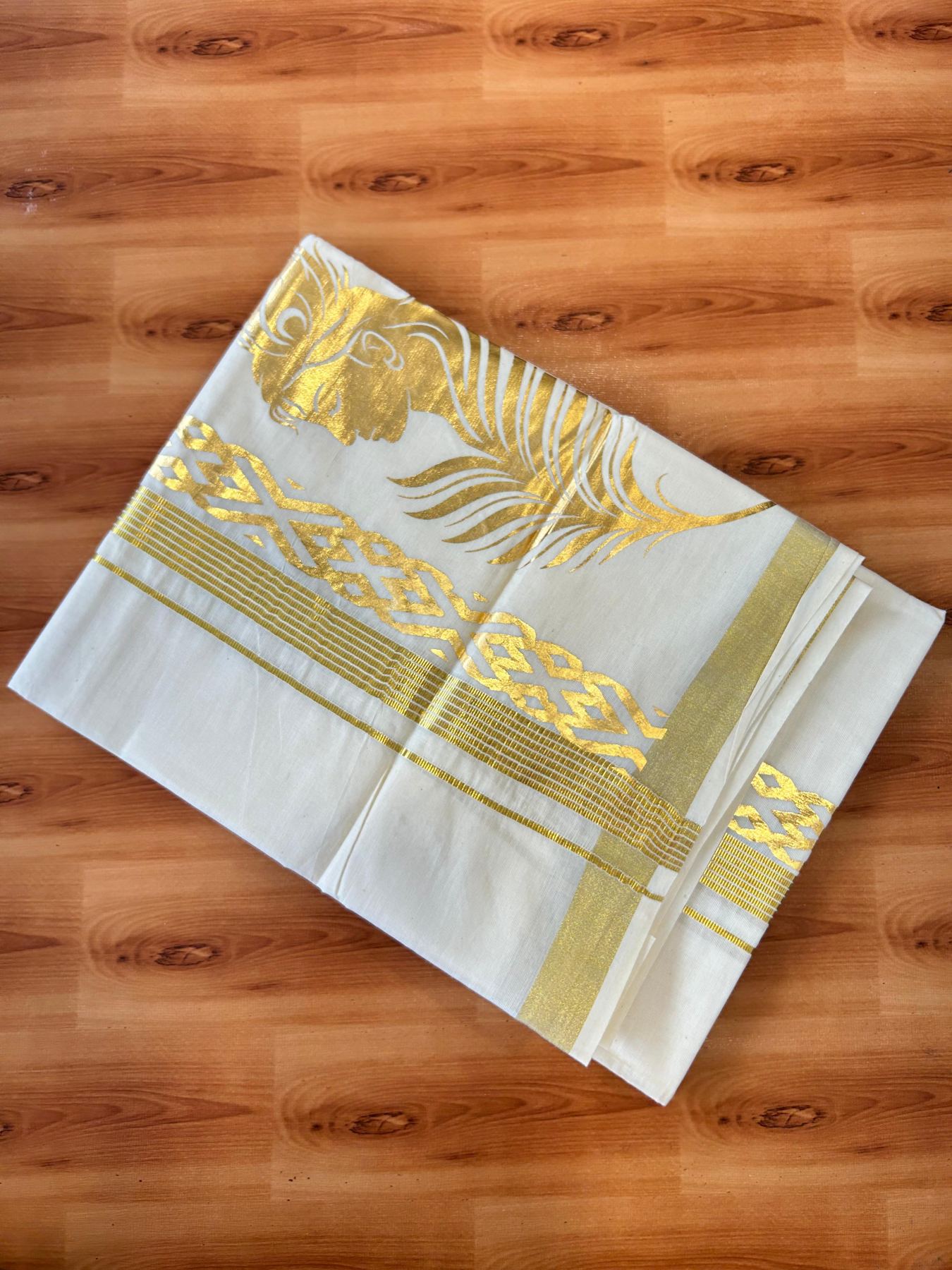 Double Off White (Unbleached) Mundu/Dhoti - 20% Discount!! KaithariKada Mixed Cotton (60s) - 2.5 inch Gold Kasav Striped & Printed Designer Kara 4 mtr (8.5 Muzham) - 9 KK5487 CKS