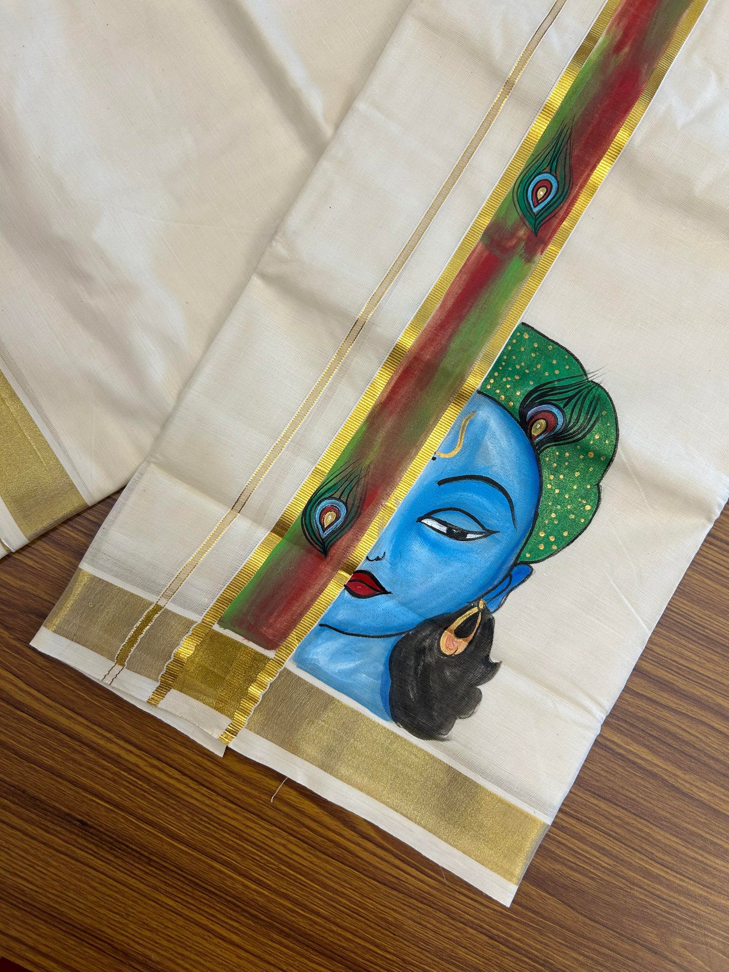 20% Discount! KaithariKada Balaramapuram 100% Cotton off white Double - (Unbleached) Mundu/Dhoti (80s) - 1.75 Inch Gold Kasavu Hand Painted Red Green Peacock Feather & Krishna - 40 KK5363 VIN