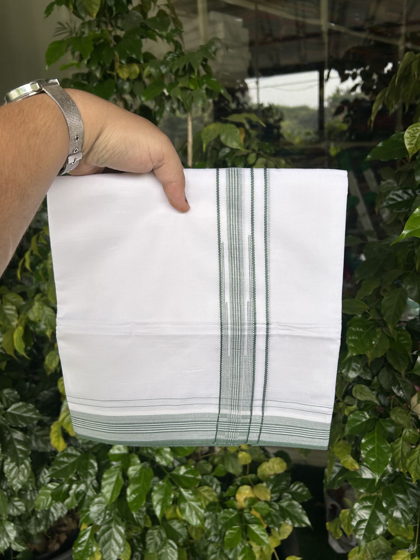 20% Discount! KaithariKada Balaramapuram 100% Cotton Double Pure white Mundu/Dhoti - 100X80 - 1.25 inch Green Stripes Chutty kara - 4 mtr ( 8.5 muzham) - 101 KK5341 VIN