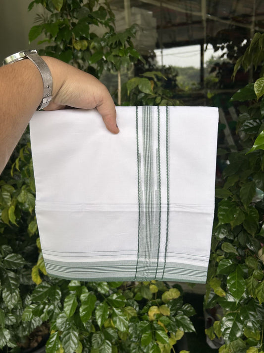 20% Discount! KaithariKada Balaramapuram 100% Cotton Double Pure white Mundu/Dhoti - 100X80 - 1.25 inch Green Stripes Chutty kara - 4 mtr ( 8.5 muzham) - 101 KK5341 VIN
