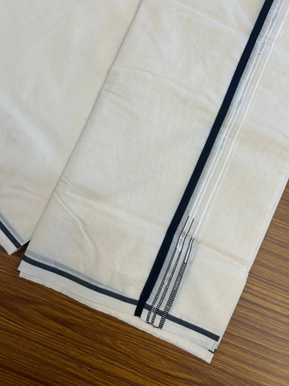 20% Discount! KaithariKada Balaramapuram 100% Cotton Off White Double (Unbleached) Mundu/Dhoti-100x100 - 1 cm Puliyilakkara Silver Kasav & Black Double Chutty Kara - 1 KK5308 ASH