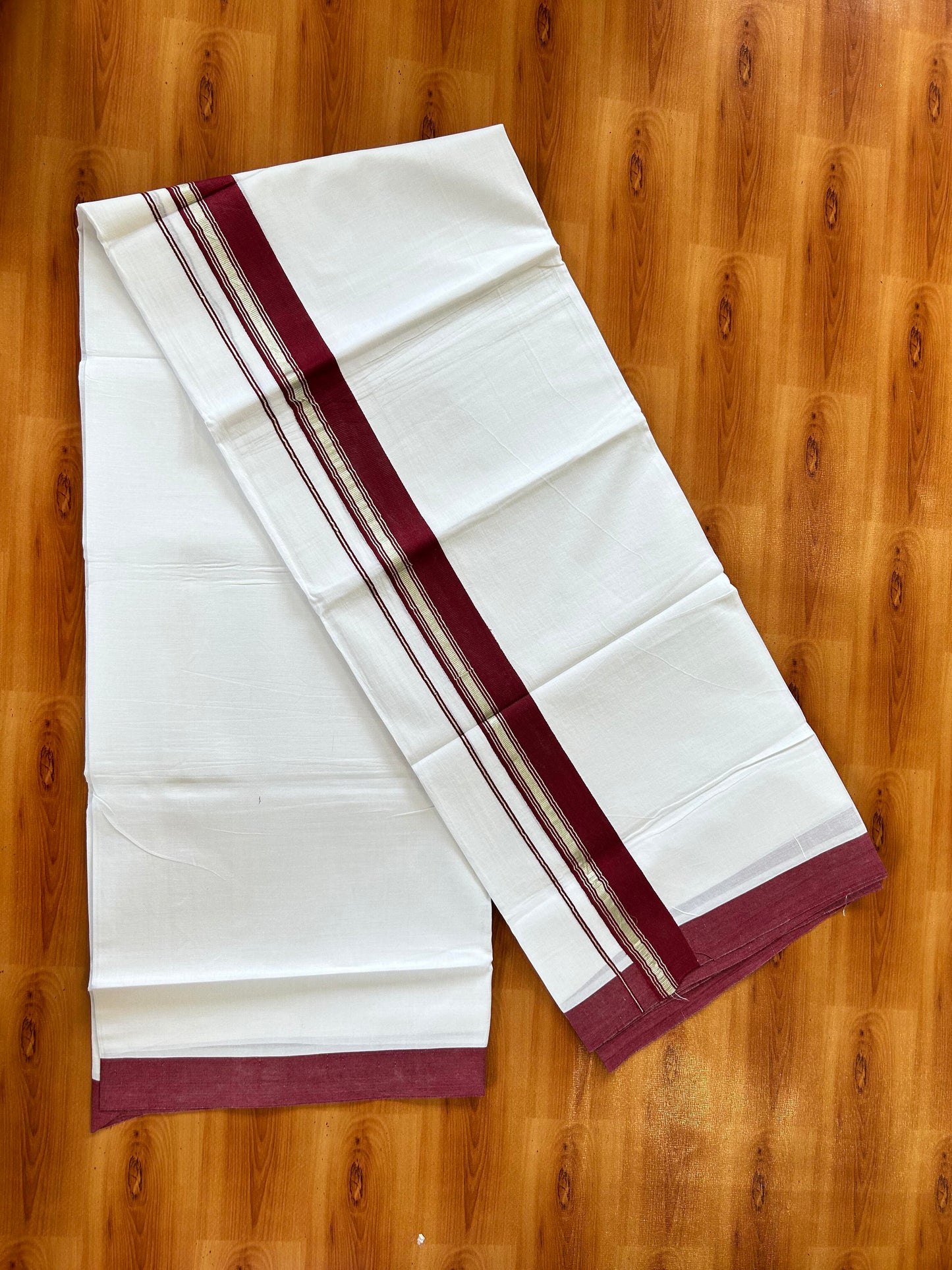 Pure White Double Mundu/Dhoti - 20% Discount ! Kaitharikada 100% Cotton - 100x80 - 1.75 inch Silver Kasav & Maroon Stripes Kara 3.80 mtr (8 muzham) - 18 KK5456 THI