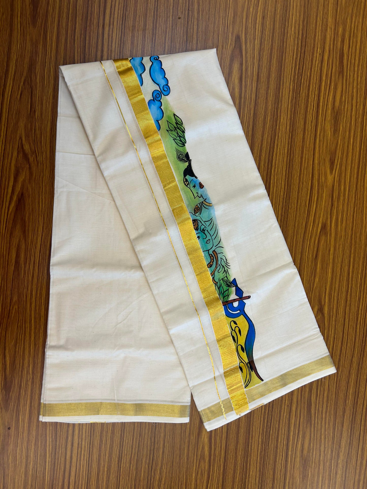 20% Discount! KaithariKada Balaramapuram 100% Cotton off white Double - (Unbleached) Mundu/Dhoti (80s) - 1 Inch Gold Kasavu Hand Painted Cloud Sun & Krishna - 31 KK5363 VIN