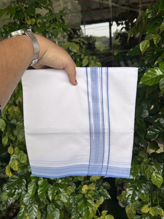 20% Discount! KaithariKada Balaramapuram 100% Cotton Double Pure white Mundu/Dhoti - 100X80 - 1.25 inch Blue Stripes Chutty kara - 4 mtr ( 8.5 muzham) - 102 KK5341 VIN