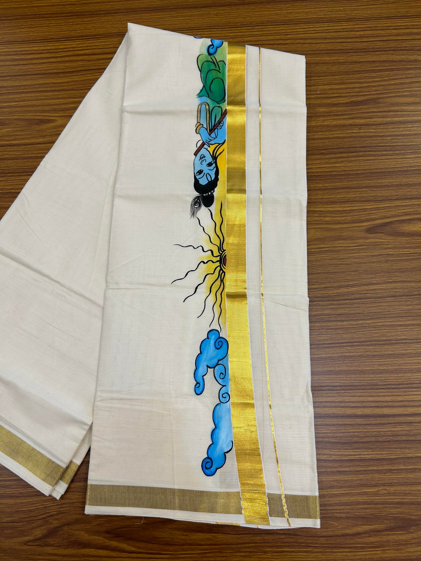 20% Discount! KaithariKada Balaramapuram 100% Cotton off white Double - (Unbleached) Mundu/Dhoti (80s) - 1 Inch Gold Kasavu Hand Painted Cloud Sun & Krishna - 31 KK5363 VIN