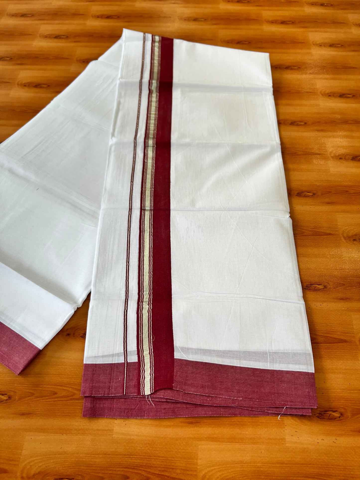 Pure White Double Mundu/Dhoti - 20% Discount ! Kaitharikada 100% Cotton - 100x80 - 1.75 inch Silver Kasav & Maroon Stripes Kara 3.80 mtr (8 muzham) - 18 KK5456 THI