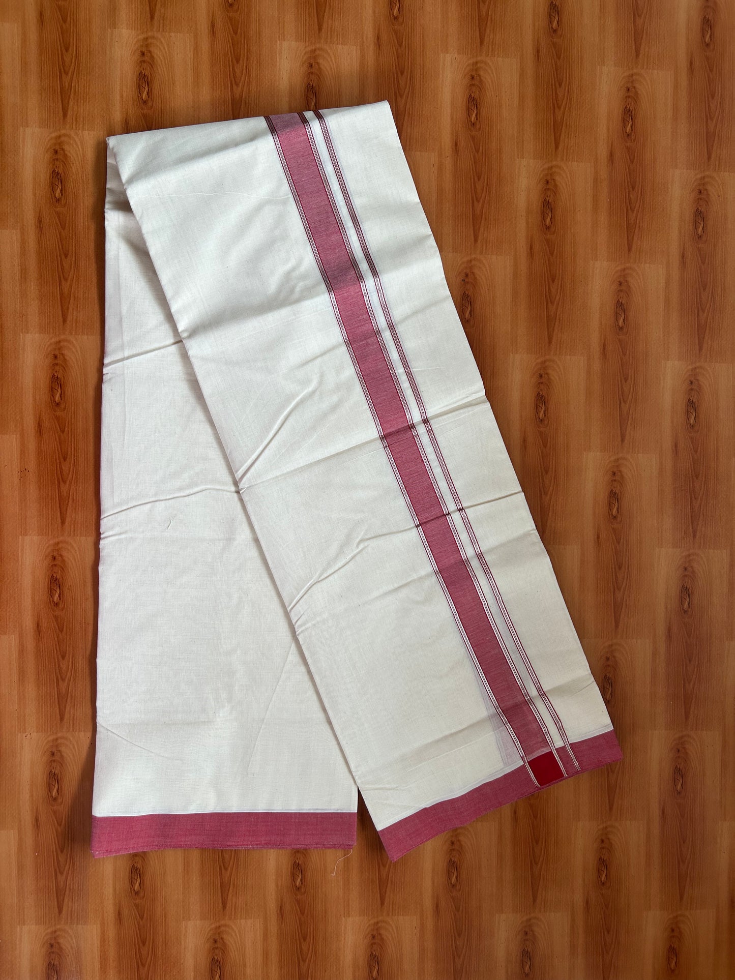 20% Discount!! KaithariKada Balaramapuram 100% Cotton Double Off White - (Unbleached) Mundu/Dhoti-100x80 - 1.25 inch Silver Kasav & Red Shaded Striped Kara- 3.75 mtr (8 Muzham) - 28 KK5381 ASH