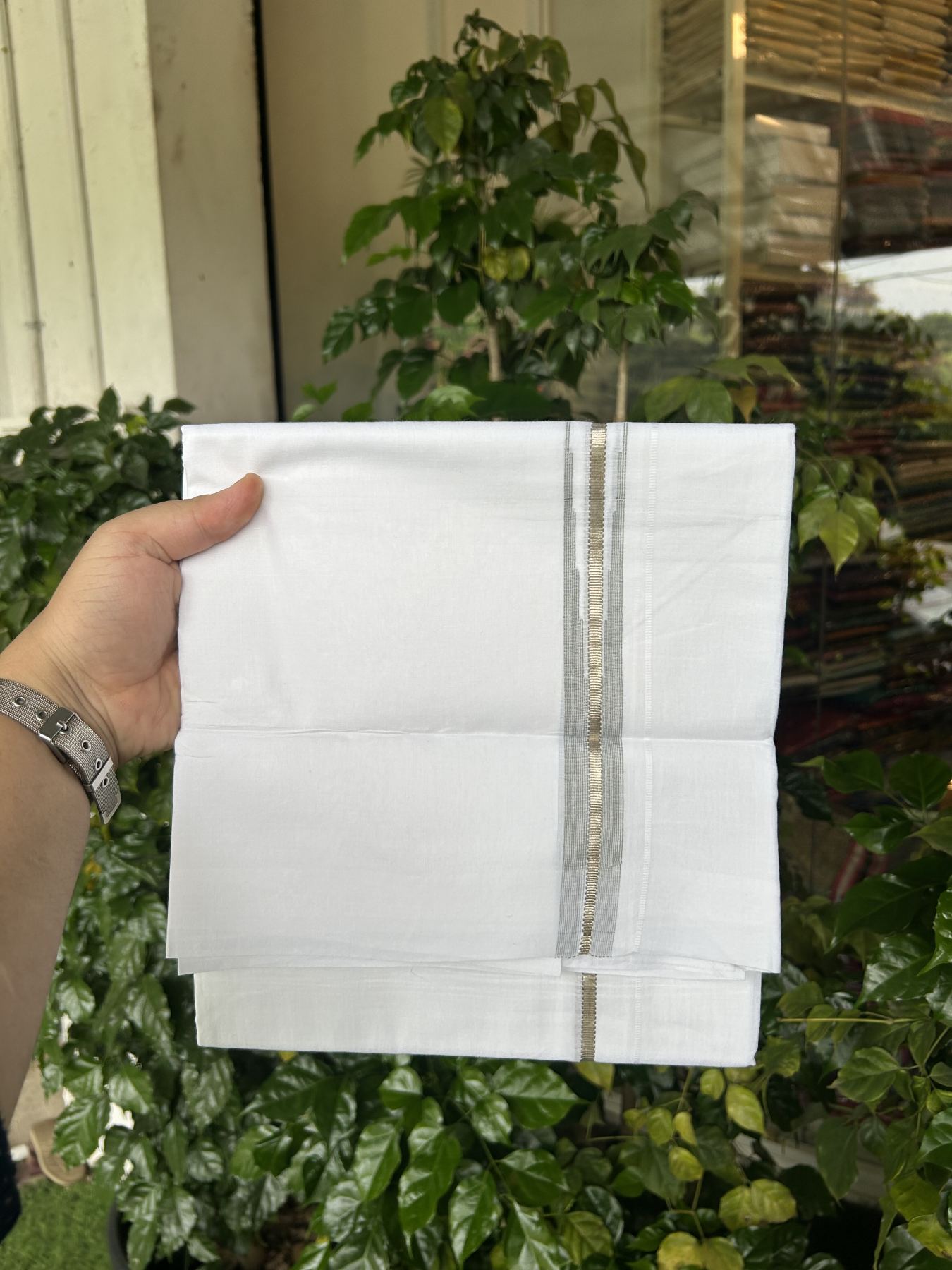 20% Discount! KaithariKada Balaramapuram 100% Cotton Double Pure white Mundu/Dhoti- 100X80 - 0.75 inch Puliyilakkara Silver Kasav & Light Olive Green Striped One Side Chutty Kara - 4 mtr ( 8.5 muzham) - 78 KK5341 VIN