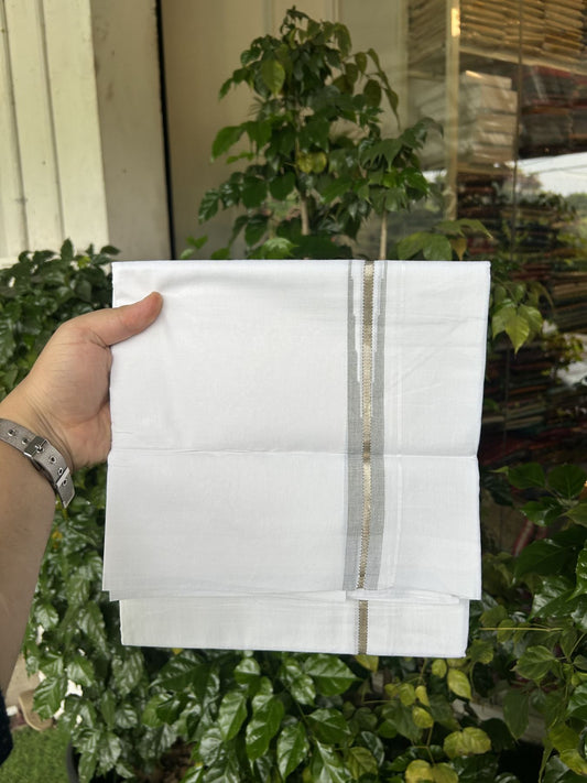 20% Discount! KaithariKada Balaramapuram 100% Cotton Double Pure white Mundu/Dhoti- 100X80 - 0.75 inch Puliyilakkara Silver Kasav & Light Olive Green Striped One Side Chutty Kara - 4 mtr ( 8.5 muzham) - 78 KK5341 VIN