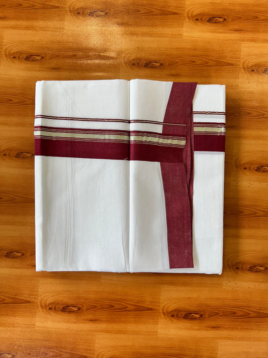 Pure White Double Mundu/Dhoti - 20% Discount ! Kaitharikada 100% Cotton - 100x80 - 1.75 inch Silver Kasav & Maroon Stripes Kara 3.80 mtr (8 muzham) - 18 KK5456 THI