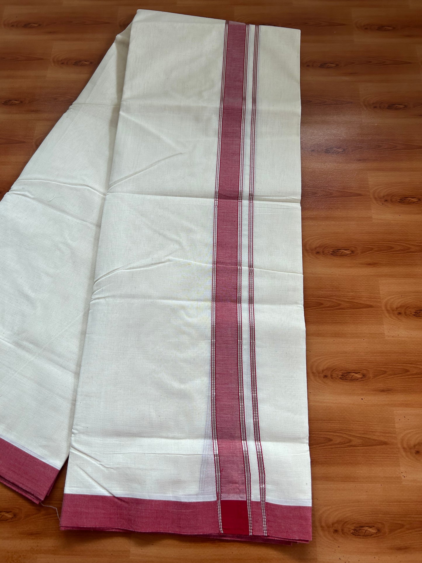20% Discount!! KaithariKada Balaramapuram 100% Cotton Double Off White - (Unbleached) Mundu/Dhoti-100x80 - 1.25 inch Silver Kasav & Red Shaded Striped Kara- 3.75 mtr (8 Muzham) - 28 KK5381 ASH