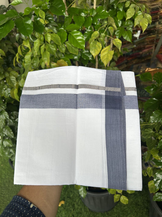20% Discount! KaithariKada Balaramapuram 100% Cotton Double Pure white Mundu/Dhoti - 100X80 - 1.25 inch Silver Kasav Dark Pastel Blue shaded kara - 4 mtr ( 8.5 muzham) - 54 KK5341 VIN