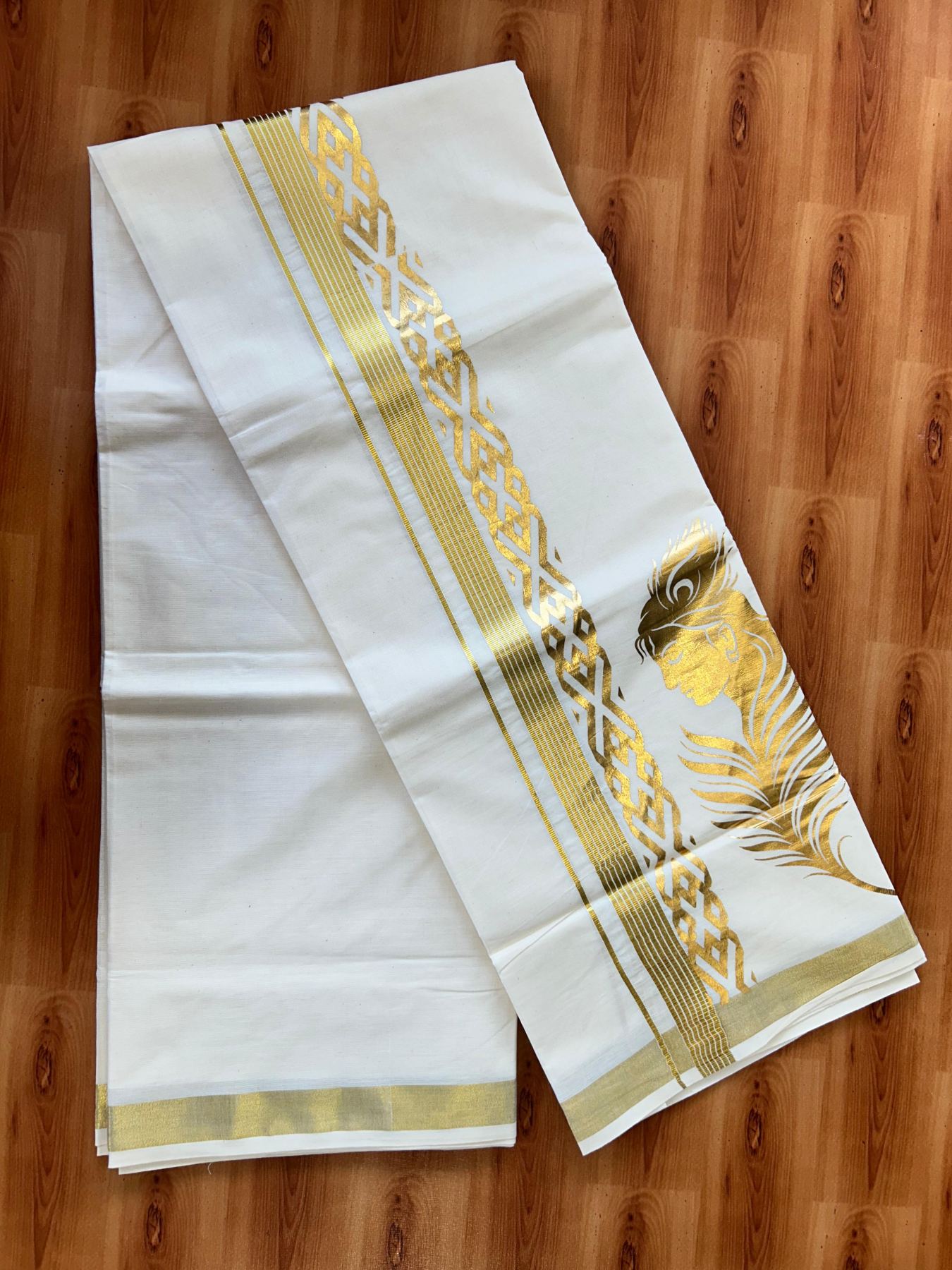 Double Off White (Unbleached) Mundu/Dhoti - 20% Discount!! KaithariKada Mixed Cotton (60s) - 2.5 inch Gold Kasav Striped & Printed Designer Kara 4 mtr (8.5 Muzham) - 9 KK5487 CKS