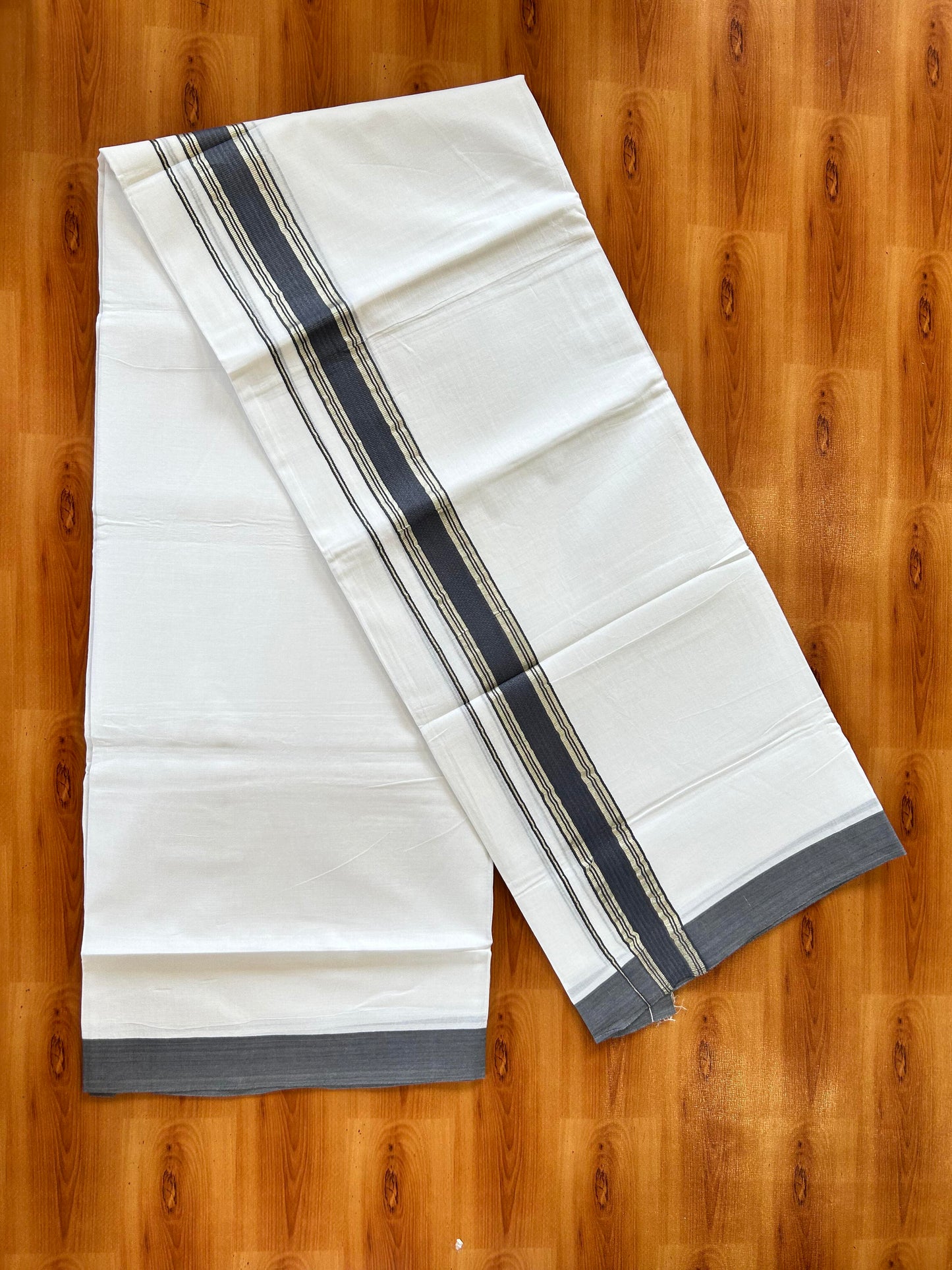Pure White Double Mundu/Dhoti - 20% Discount ! Kaitharikada Balaramapuram 100% Cotton - 100x80 - 1.5 inch Silver Kasav & Ash Stripes Kara 3.80 mtr (8 muzham) - 6 KK5456 THI