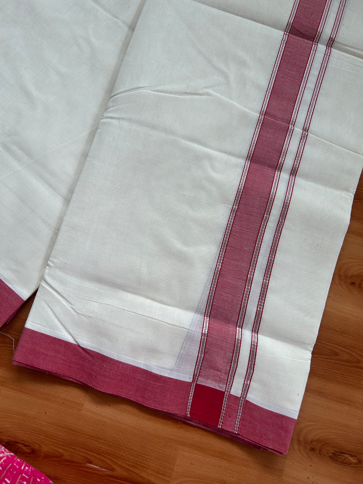 20% Discount!! KaithariKada Balaramapuram 100% Cotton Double Off White - (Unbleached) Mundu/Dhoti-100x80 - 1.25 inch Silver Kasav & Red Shaded Striped Kara- 3.75 mtr (8 Muzham) - 28 KK5381 ASH