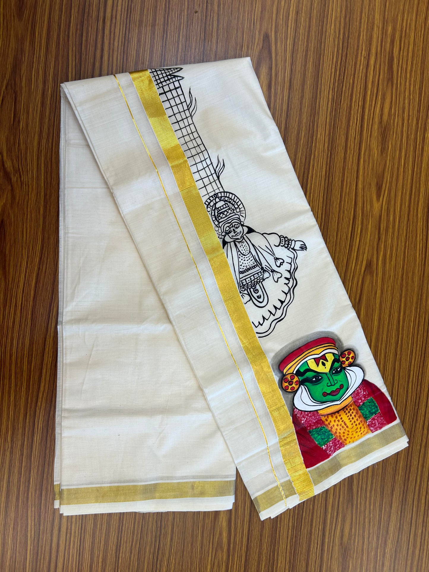 20% Discount! KaithariKada Balaramapuram 100% Cotton off white Double - (Unbleached) Mundu/Dhoti (80s) - 1 Inch Gold Kasavu Hand Painted  Kadhakali - 29 KK5363 VIN