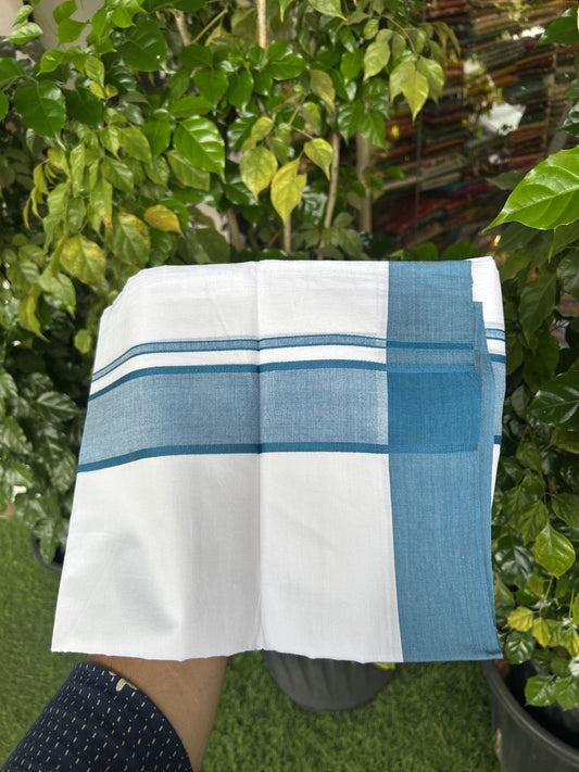 20% Discount! KaithariKada Balaramapuram 100% Cotton Double Pure white Mundu/Dhoti- 100X80 - 2.25 inch Blue kara - 4 mtr ( 8.5 muzham) - 1 KK5341 VIN