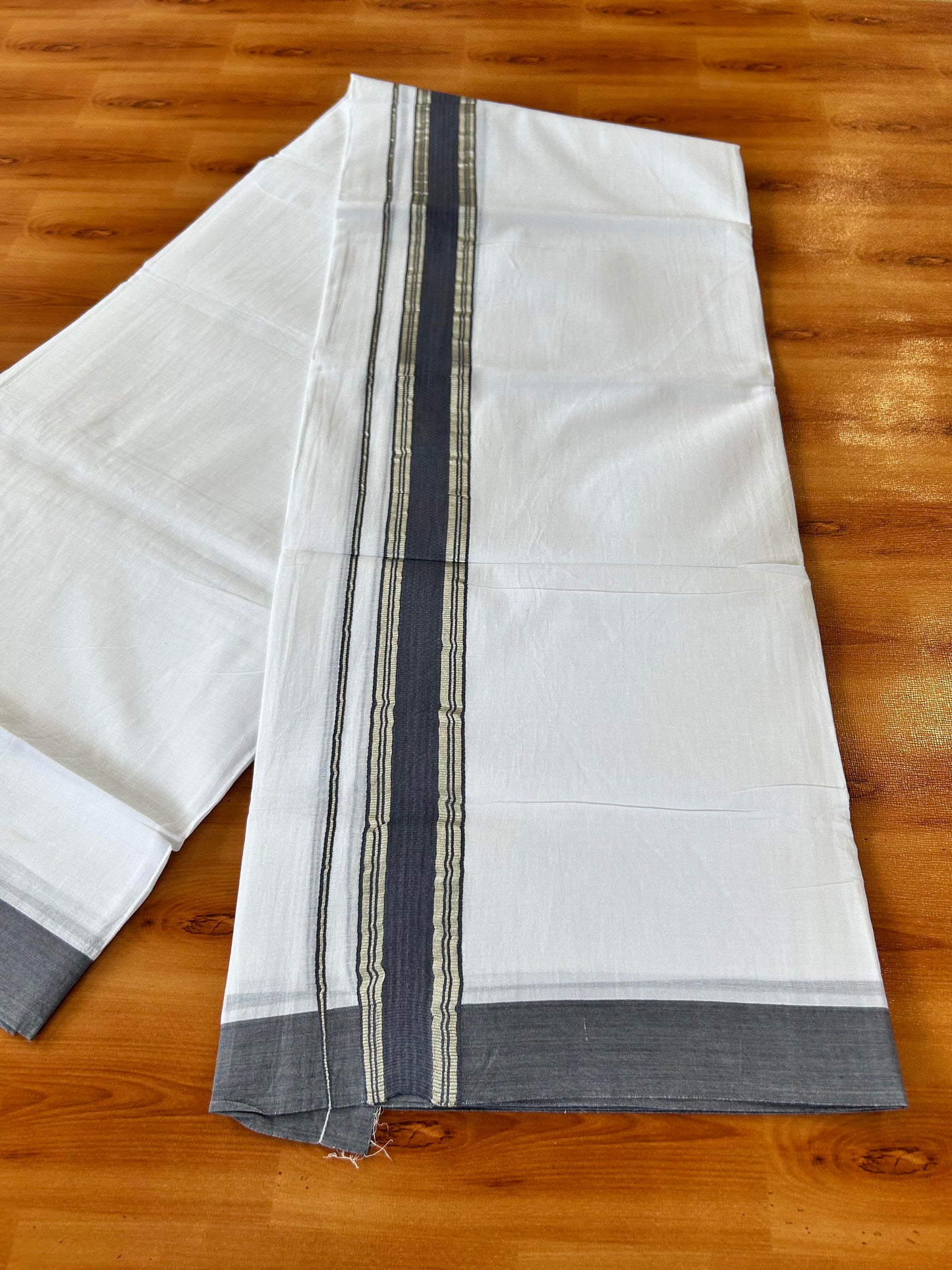 Pure White Double Mundu/Dhoti - 20% Discount ! Kaitharikada Balaramapuram 100% Cotton - 100x80 - 1.5 inch Silver Kasav & Ash Stripes Kara 3.80 mtr (8 muzham) - 6 KK5456 THI