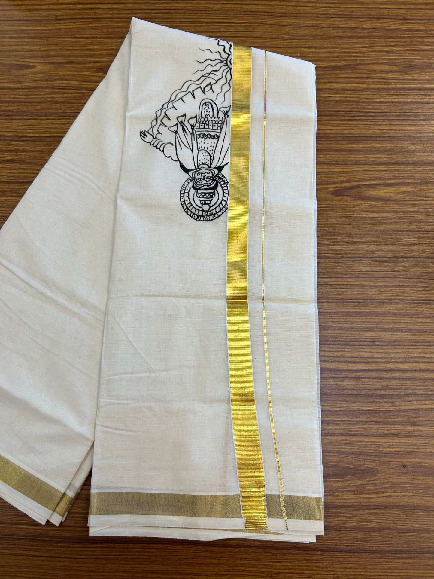 20% Discount! KaithariKada Balaramapuram 100% Cotton off white Double - (Unbleached) Mundu/Dhoti (80s) - 1 Inch Gold Kasavu Hand Painted  Kadhakali - 29 KK5363 VIN