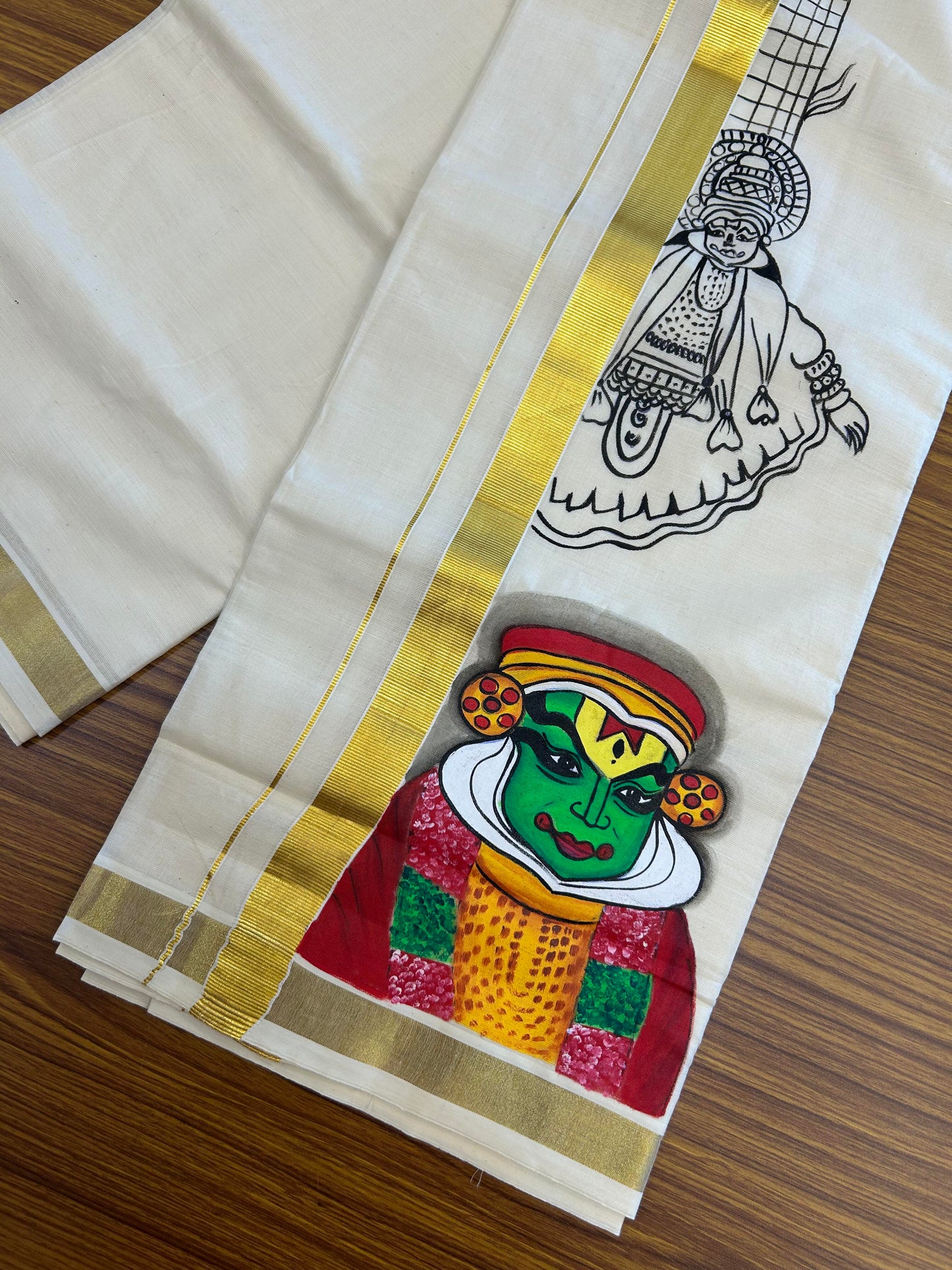 20% Discount! KaithariKada Balaramapuram 100% Cotton off white Double - (Unbleached) Mundu/Dhoti (80s) - 1 Inch Gold Kasavu Hand Painted  Kadhakali - 29 KK5363 VIN