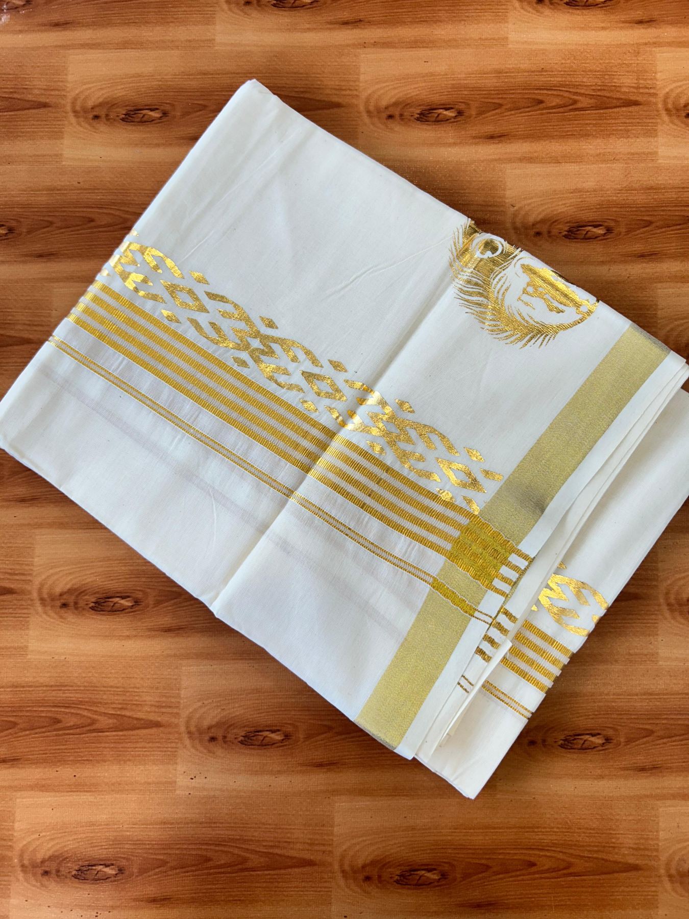 Double Off White (Unbleached) Mundu/Dhoti - 20% Discount!! KaithariKada Mixed Cotton (60s) - 2.5 inch Gold Kasav Striped & Printed Designer Kara 4 mtr (8.5 Muzham) - 10 KK5487 CKS