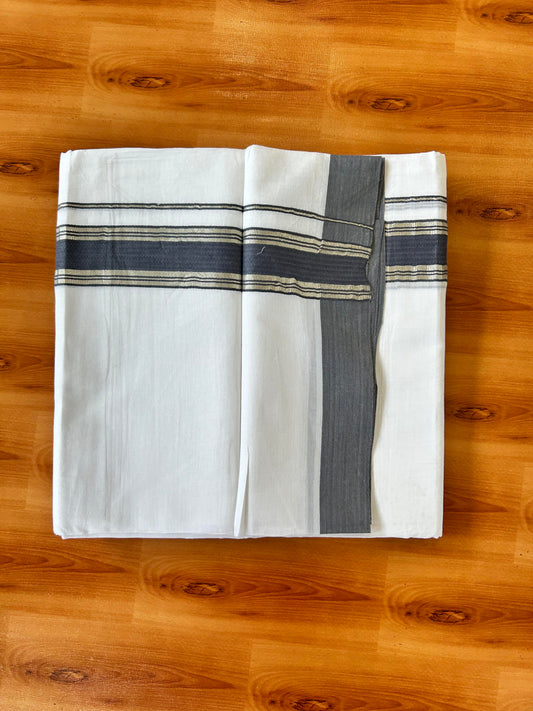 Pure White Double Mundu/Dhoti - 20% Discount ! Kaitharikada 100% Cotton - 100x80 - 1.5 inch Silver Kasav & Ash Stripes Kara 3.80 mtr (8 muzham) - 6 KK5456 THI