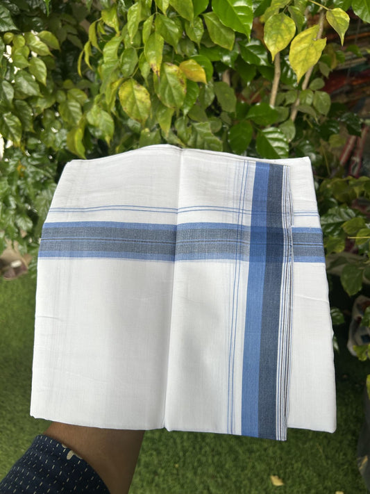 20% Discount! KaithariKada Balaramapuram 100% Cotton Double Pure white Mundu/Dhoti - 100X80 - 1.5 inch Light Blue & Navy Blue shaded Stripes kara - 4 mtr ( 8.5 muzham) - 121 KK5341 VIN