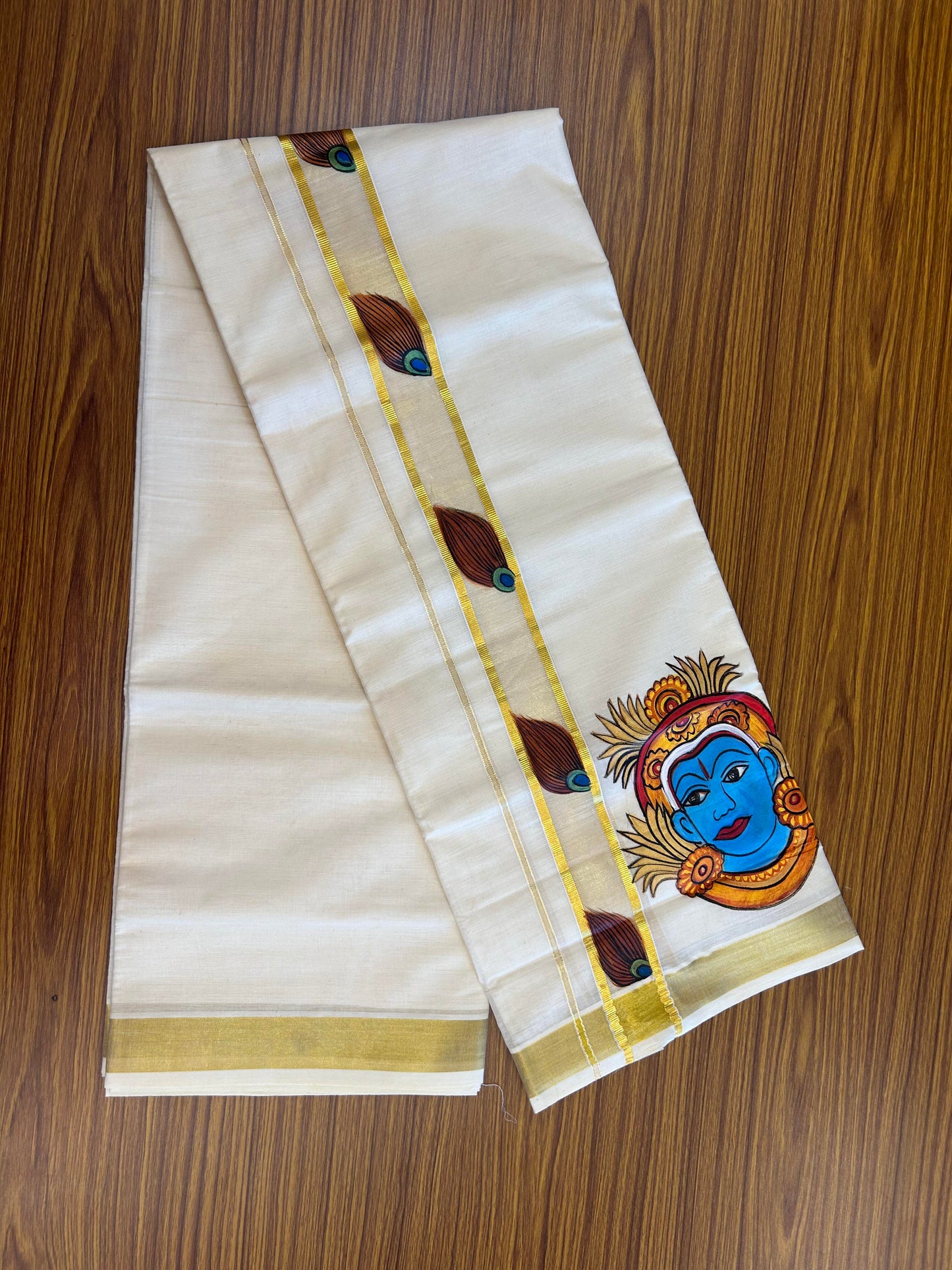 20% Discount! KaithariKada Balaramapuram 100% Cotton off white Double - (Unbleached) Mundu/Dhoti (80s) - 1.75 Inch Gold Kasavu Hand Painted Peacock Feather & Krishna - 34 KK5363 VIN