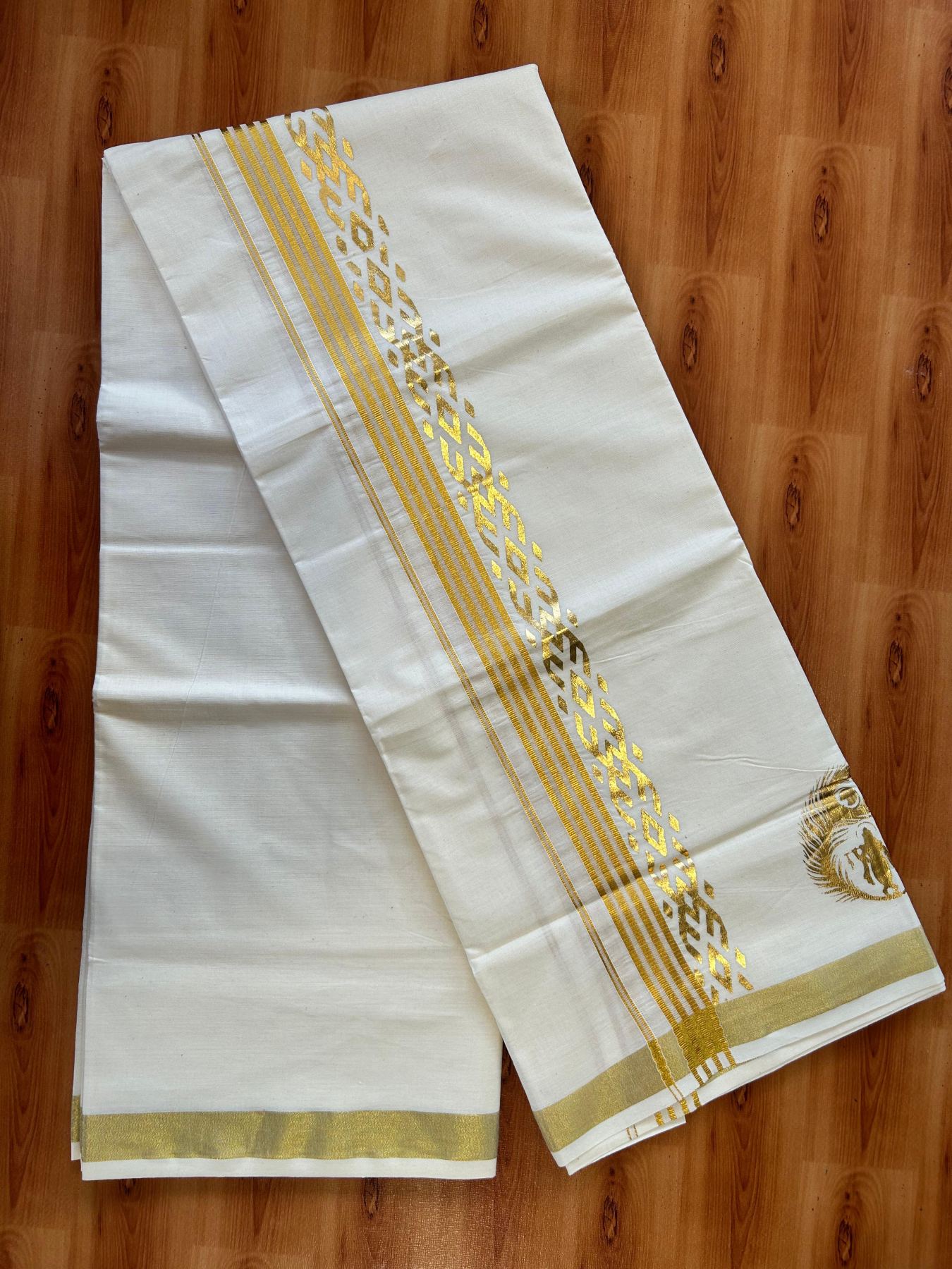Double Off White (Unbleached) Mundu/Dhoti - 20% Discount!! KaithariKada Mixed Cotton (60s) - 2.5 inch Gold Kasav Striped & Printed Designer Kara 4 mtr (8.5 Muzham) - 10 KK5487 CKS