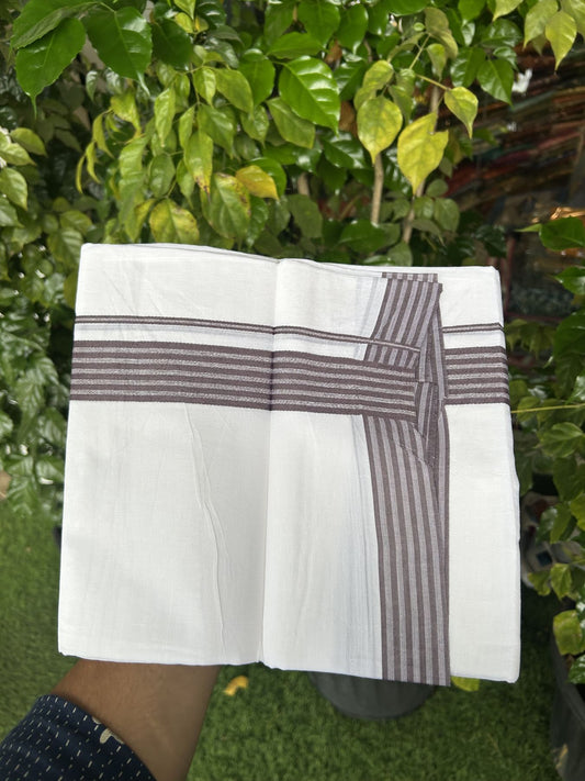 20% Discount! KaithariKada Balaramapuram 100% Cotton Double Pure white Mundu/Dhoti - 100X80 - 1.5 inch Chocolate Brown shaded Striped kara - 4 mtr ( 8.5 muzham) - 42 KK5341 VIN