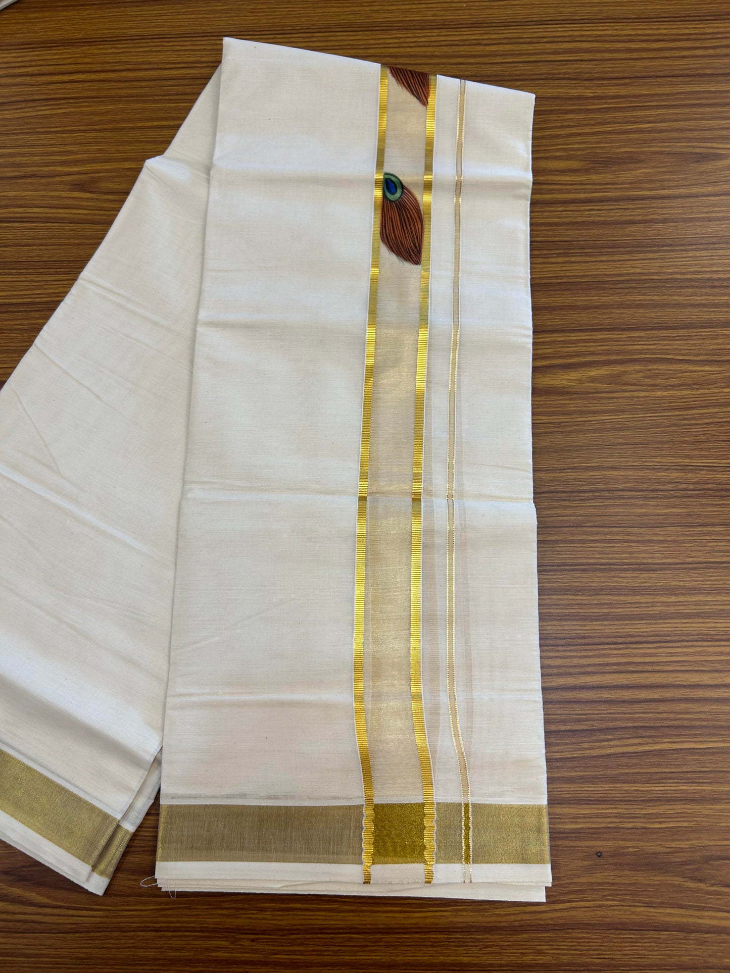 20% Discount! KaithariKada Balaramapuram 100% Cotton off white Double - (Unbleached) Mundu/Dhoti (80s) - 1.75 Inch Gold Kasavu Hand Painted Peacock Feather & Krishna - 34 KK5363 VIN