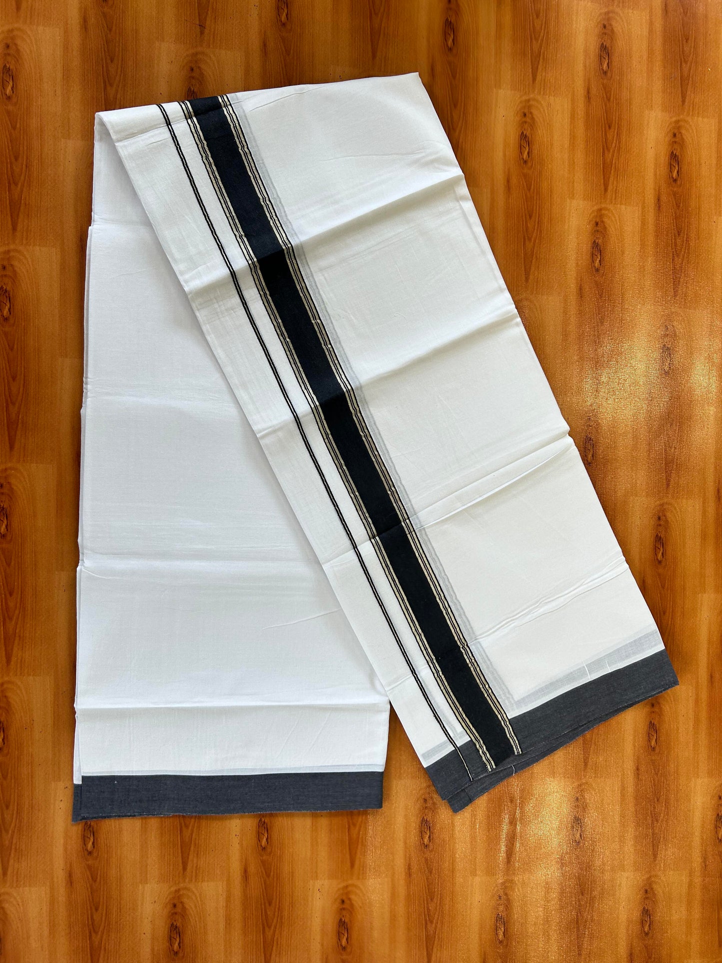 Pure White Double Mundu/Dhoti - 20% Discount ! Kaitharikada Balaramapuram 100% Cotton - 100x80 - 1.5 inch Silver Kasav & Black Stripes Kara 3.80 mtr (8 muzham) - 8 KK5456 THI