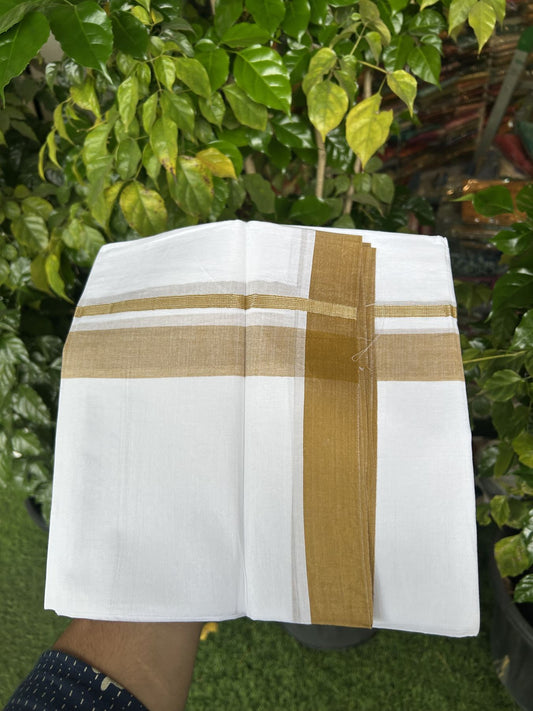 20% Discount! KaithariKada Balaramapuram 100% Cotton Double Pure white Mundu/Dhoti - 100X80 - 1.25 inch Silver Kasav Golden Brown shaded kara - 4 mtr ( 8.5 muzham) - 51 KK5341 VIN