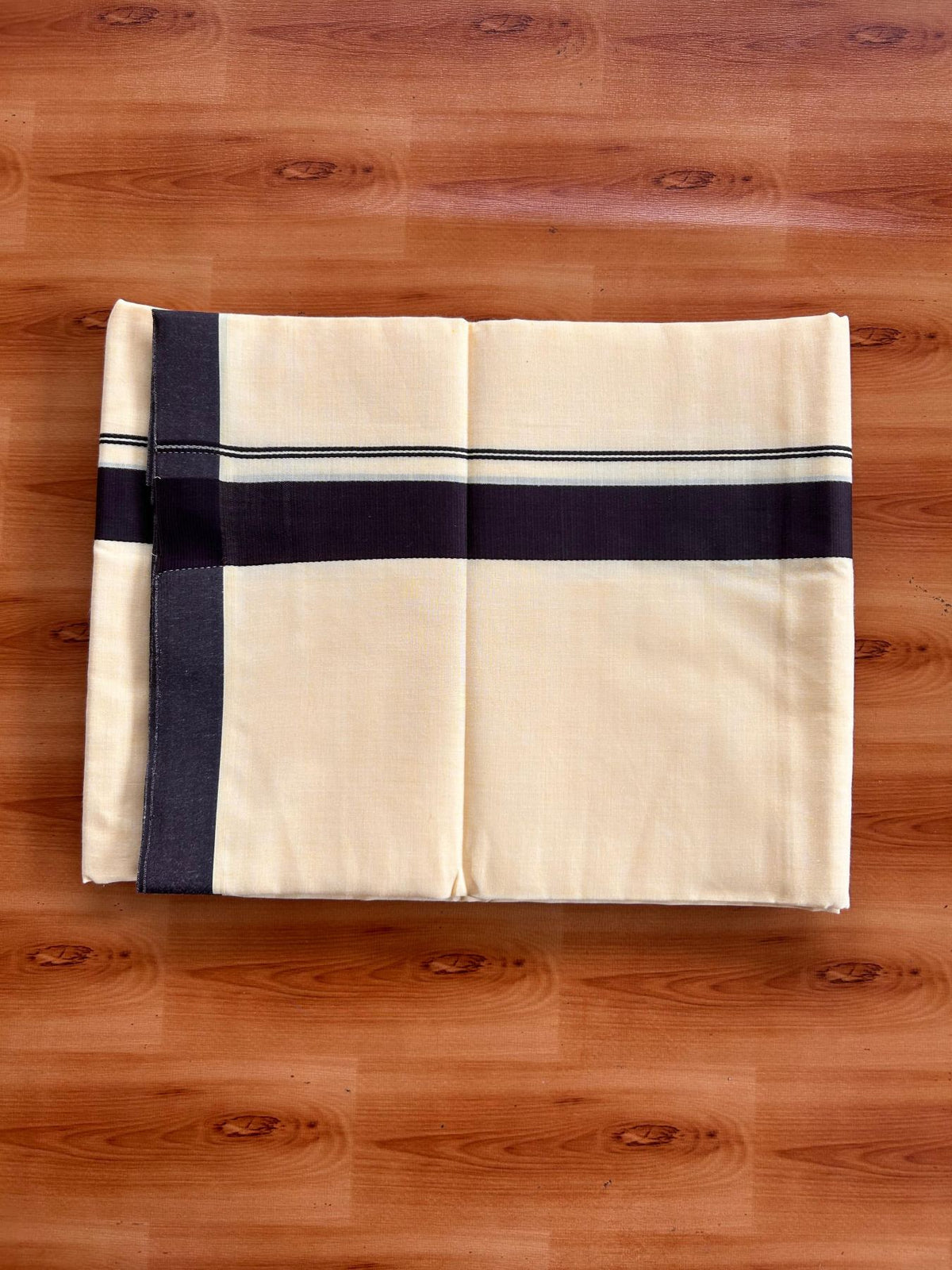 Kannur Yellow Double Mundu/Dhoti - 20% Discount! KaithariKada - 60s - 50% Cotton & 50% Polyester - Kannur Yellow Colour Body with 1.25 inch Dark Brown Kara - 4 mtr (8.5 muzham) - 1 KK5522 VAS