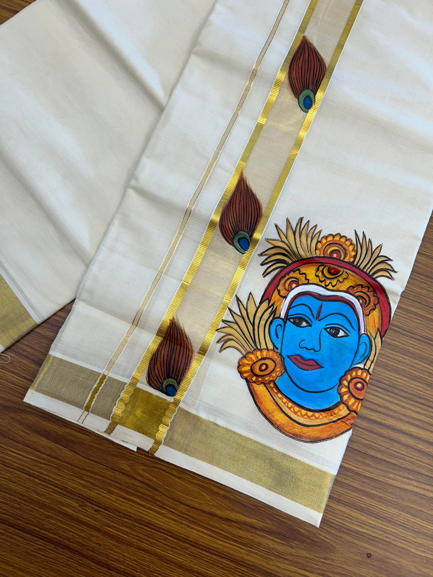 20% Discount! KaithariKada Balaramapuram 100% Cotton off white Double - (Unbleached) Mundu/Dhoti (80s) - 1.75 Inch Gold Kasavu Hand Painted Peacock Feather & Krishna - 34 KK5363 VIN