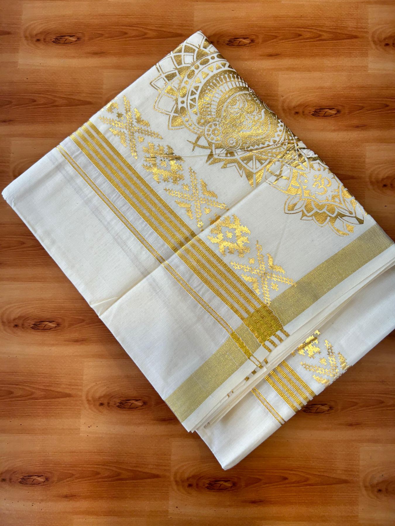 Double Off White (Unbleached) Mundu/Dhoti - 20% Discount!! KaithariKada Mixed Cotton (60s) - 2.5 inch Gold Kasav Striped & Printed Designer Kara 4 mtr (8.5 Muzham) - 11 KK5487 CKS
