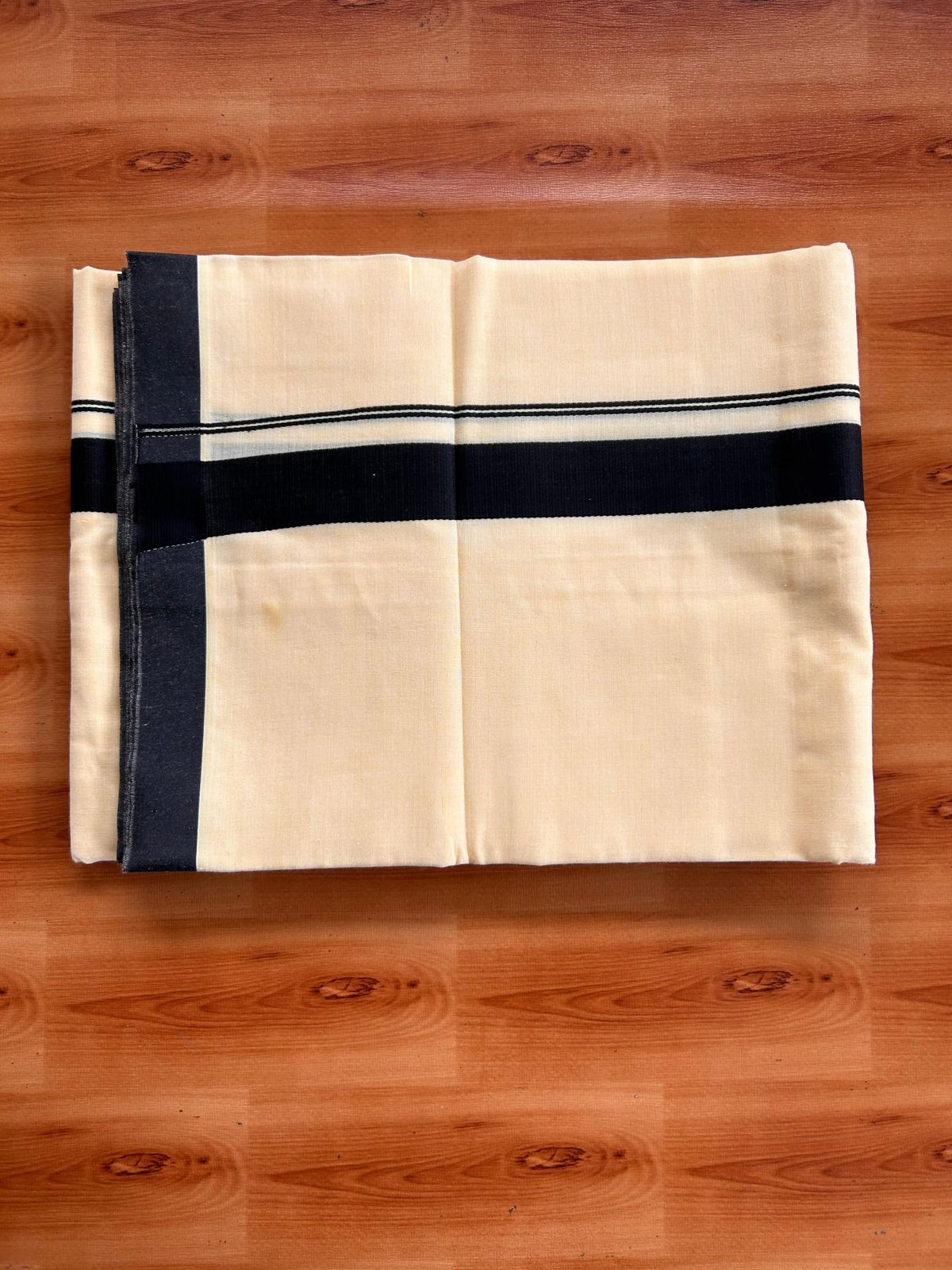 Kannur Yellow Double Mundu/Dhoti - 20% Discount! KaithariKada - 60s - 50% Cotton & 50% Polyester - Kannur Yellow Colour Body with 1.25 inch Black Kara - 4 mtr (8.5 muzham) - 2 KK5522 VAS