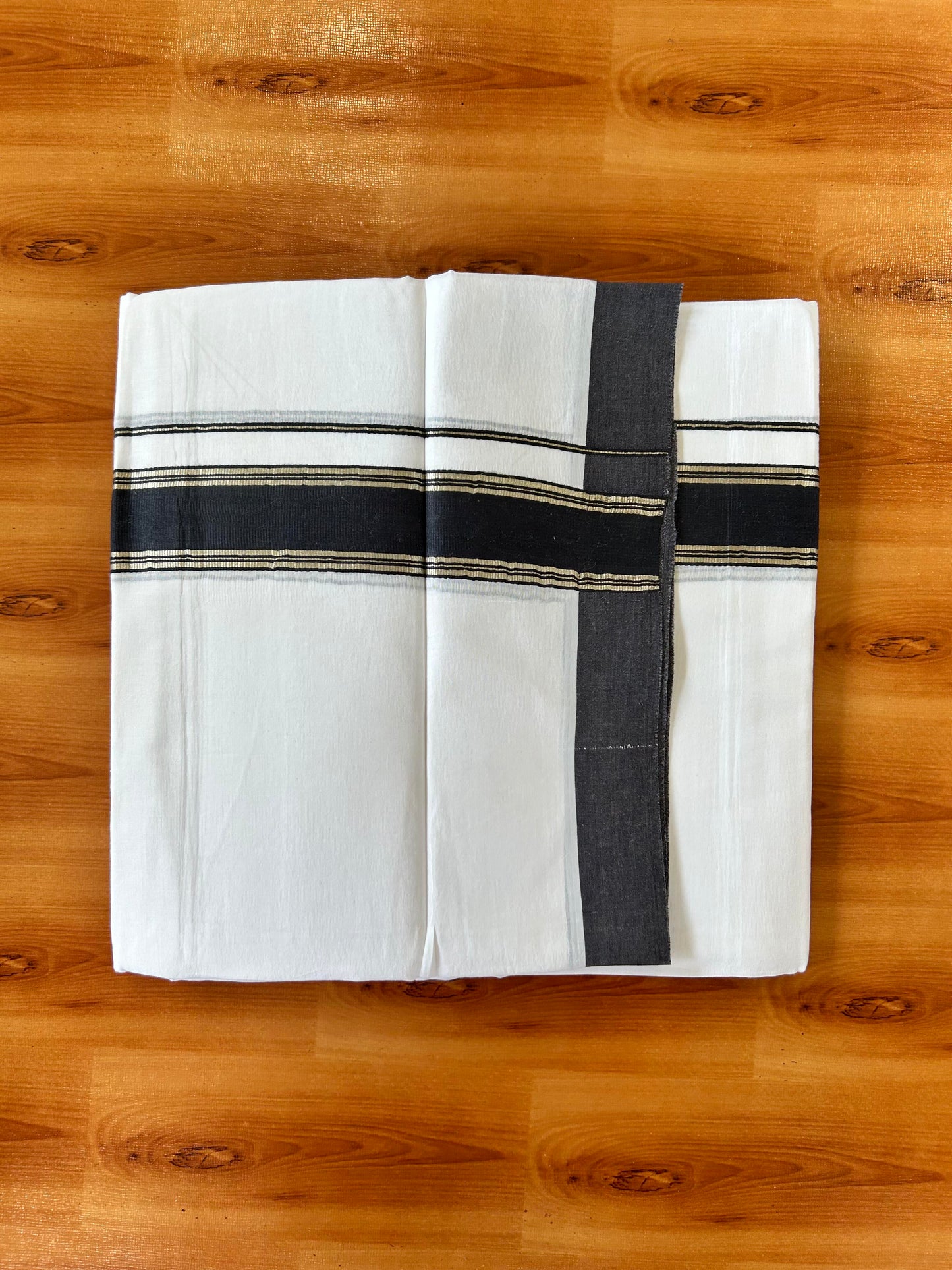 Pure White Double Mundu/Dhoti - 20% Discount ! Kaitharikada Balaramapuram 100% Cotton - 100x80 - 1.5 inch Silver Kasav & Black Stripes Kara 3.80 mtr (8 muzham) - 8 KK5456 THI