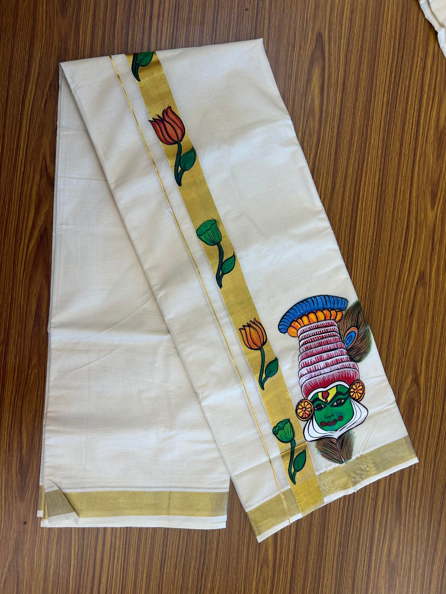 20% Discount! KaithariKada Balaramapuram 100% Cotton off white Double - (Unbleached) Mundu/Dhoti (80s) - 1 Inch Gold Kasavu Hand Painted Lotus Peacock Feather & Kadhakali - 27 KK5363 VIN
