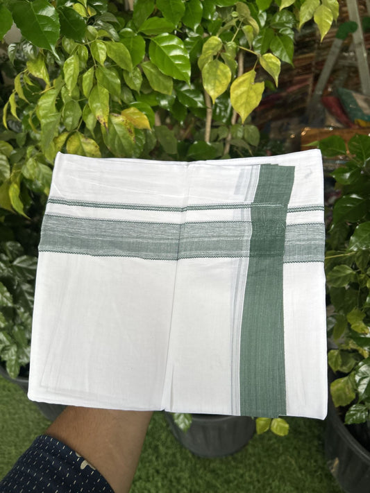 20% Discount! KaithariKada Balaramapuram 100% Cotton Double Pure white Mundu/Dhoti- 100X80 - 1.25 inch Green Shaded Kara - 4 mtr ( 8.5 muzham) - 35 KK5341 VIN