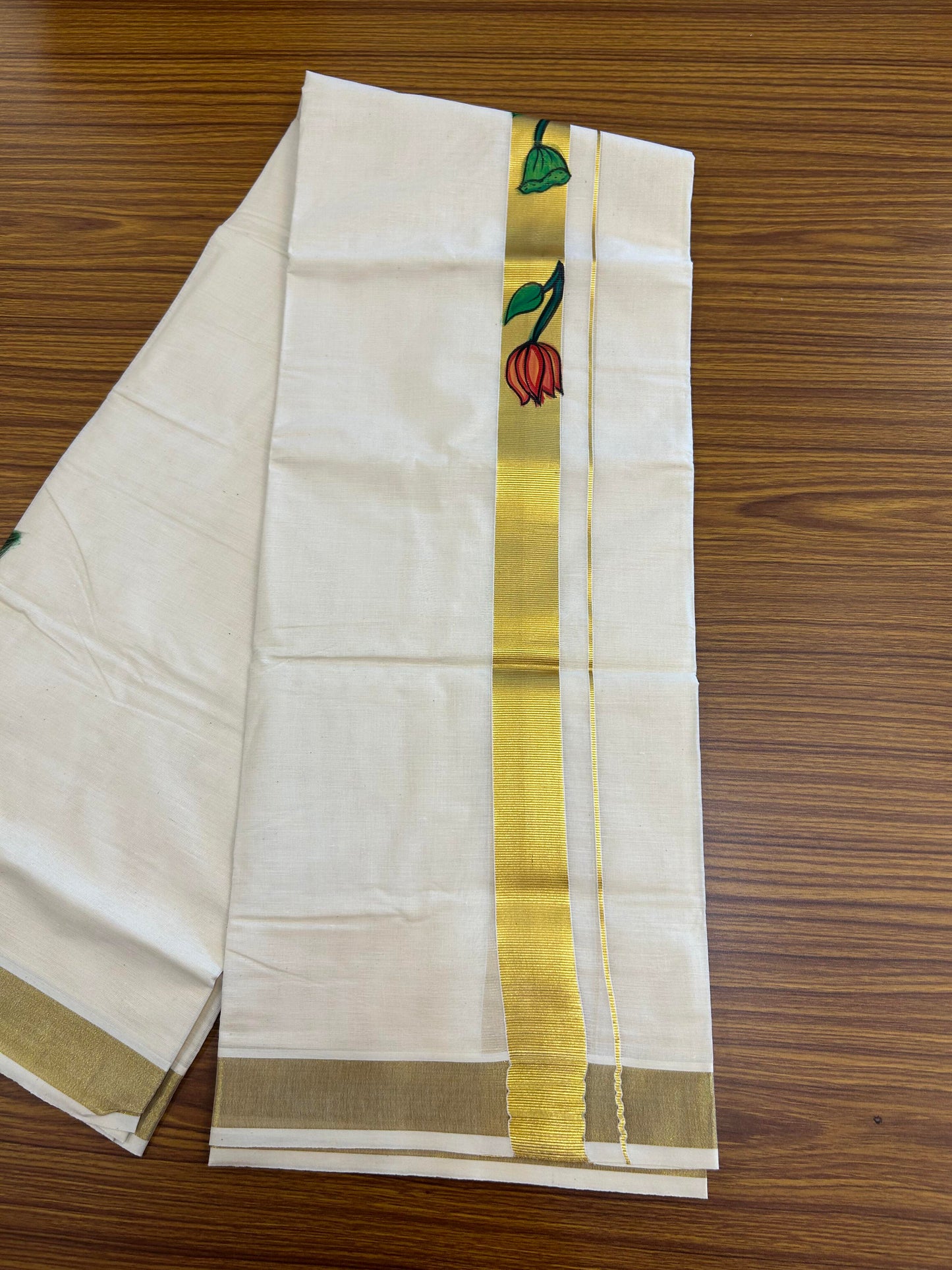 20% Discount! KaithariKada Balaramapuram 100% Cotton off white Double - (Unbleached) Mundu/Dhoti (80s) - 1 Inch Gold Kasavu Hand Painted Lotus Peacock Feather & Kadhakali - 27 KK5363 VIN