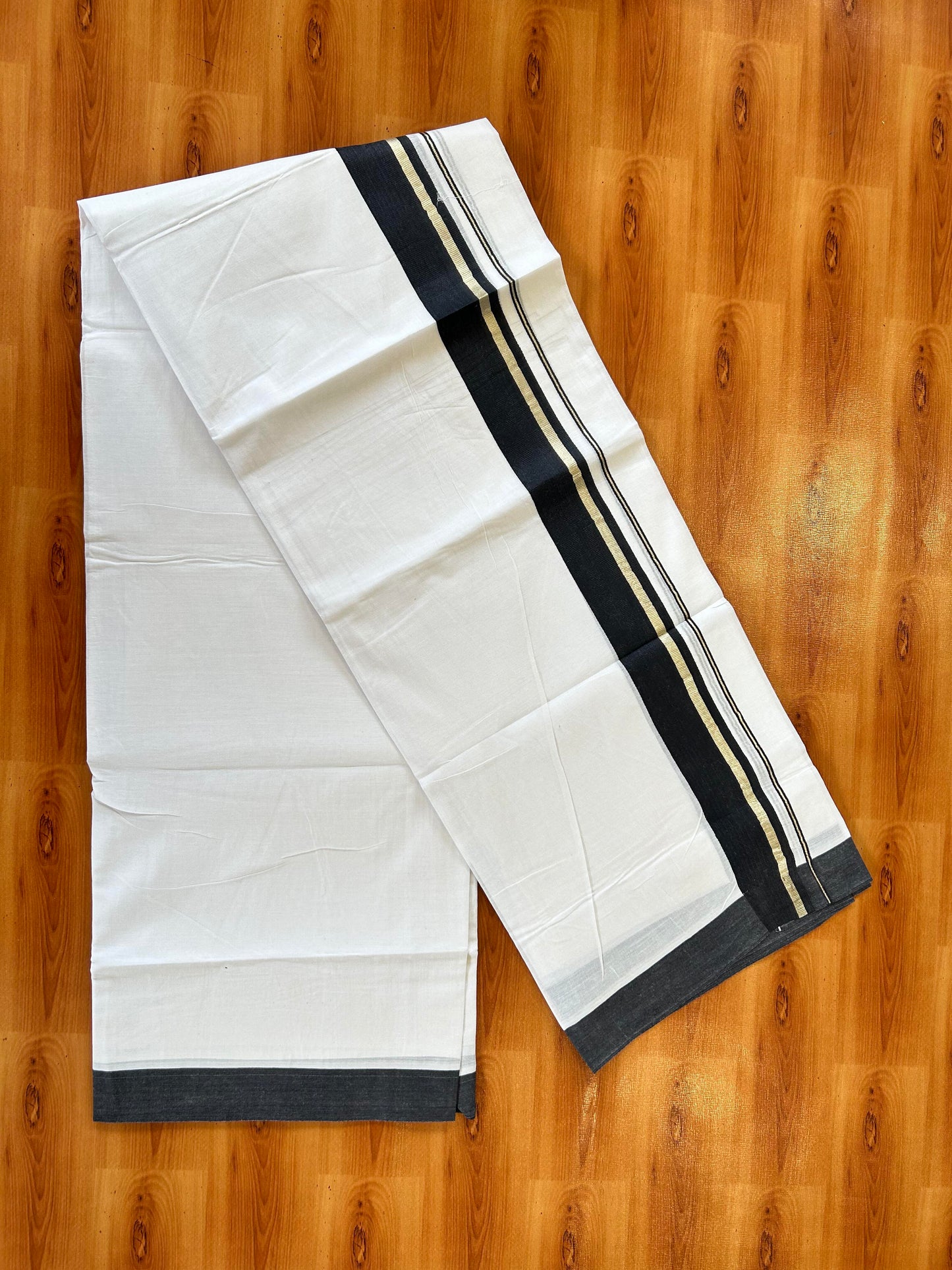 Pure White Double Mundu/Dhoti - 20% Discount ! Kaitharikada 100% Cotton - 100x80 - 1.75 inch Silver Kasav & Black Stripes Kara 3.80 mtr (8 muzham) - 16 KK5456 THI