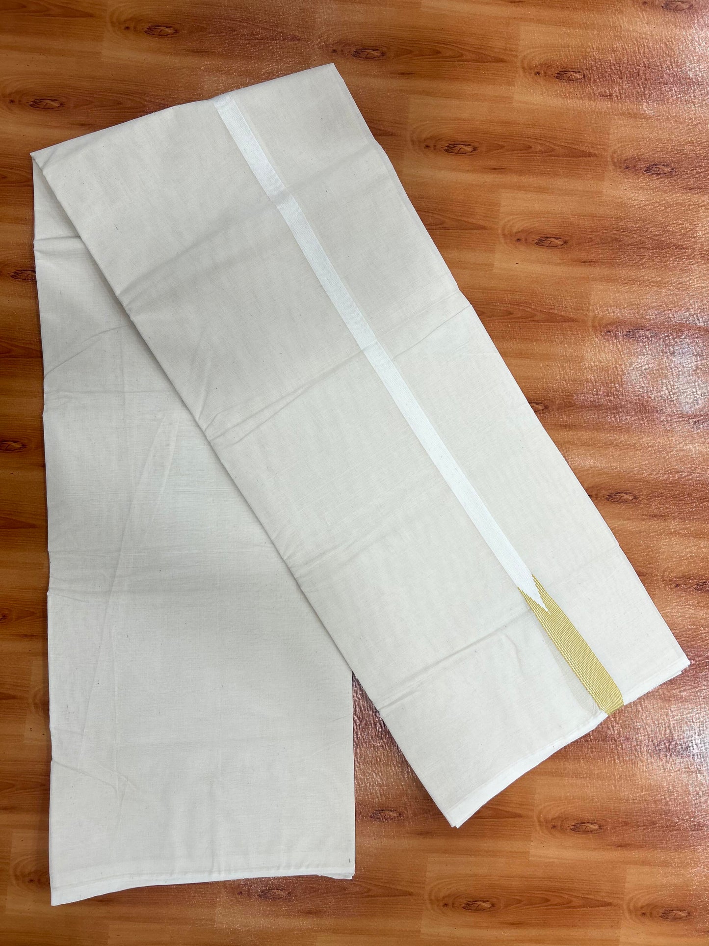 Double Off white Mundu/Dhoti - 20% Discount! KaithariKada Balaramapuram 100% Cotton - 100x100 - 0.5 inch Puliyilakkara Mustard Yellow Striped Chutty Kara - 4 mtr (8.5 muzham) - 8 KK5401 ASH