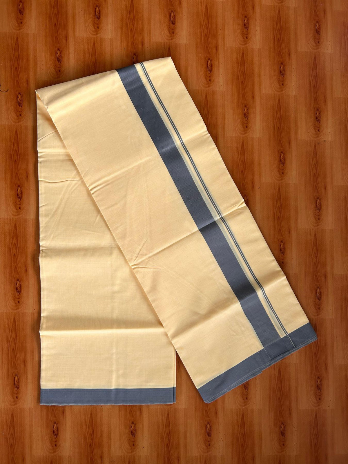 Kannur Yellow Double Mundu/Dhoti - 20% Discount! KaithariKada - 60s - 50% Cotton & 50% Polyester - Kannur Yellow Colour Body with 1.25 inch Ash Grey Kara - 4 mtr (8.5 muzham) - 3 KK5522 VAS
