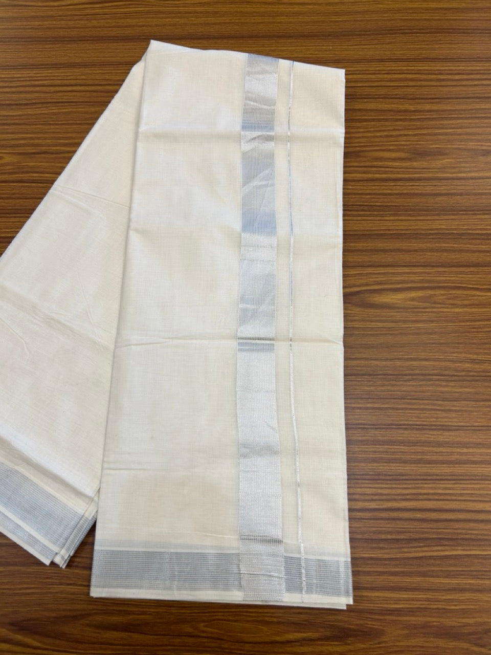 20% DISCOUNT! KaithariKada Balaramapuram 100% Cotton Double Off white - (Unbleached) Mundu/Dhoti- 80X72- 1.5 inch Silver Kasav Striped Kara - 3 KK5308 VIN