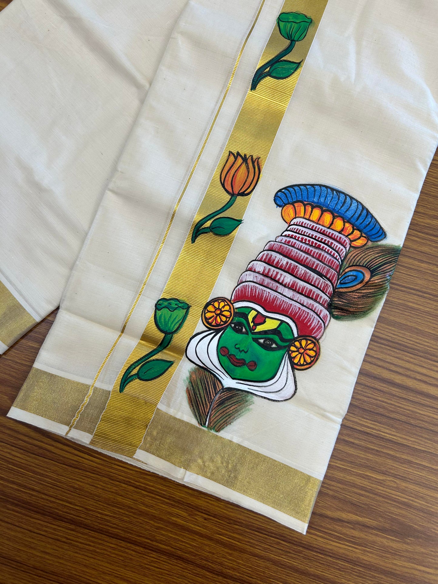 20% Discount! KaithariKada Balaramapuram 100% Cotton off white Double - (Unbleached) Mundu/Dhoti (80s) - 1 Inch Gold Kasavu Hand Painted Lotus Peacock Feather & Kadhakali - 27 KK5363 VIN